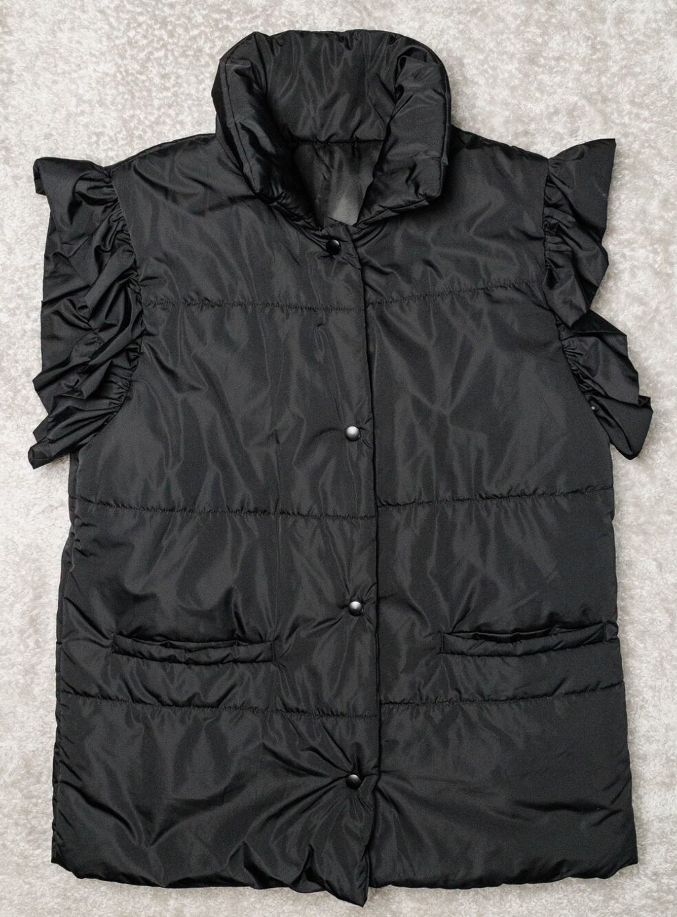 Boutique Black Ruffle Sleeve Puffer Vest Womens Size L